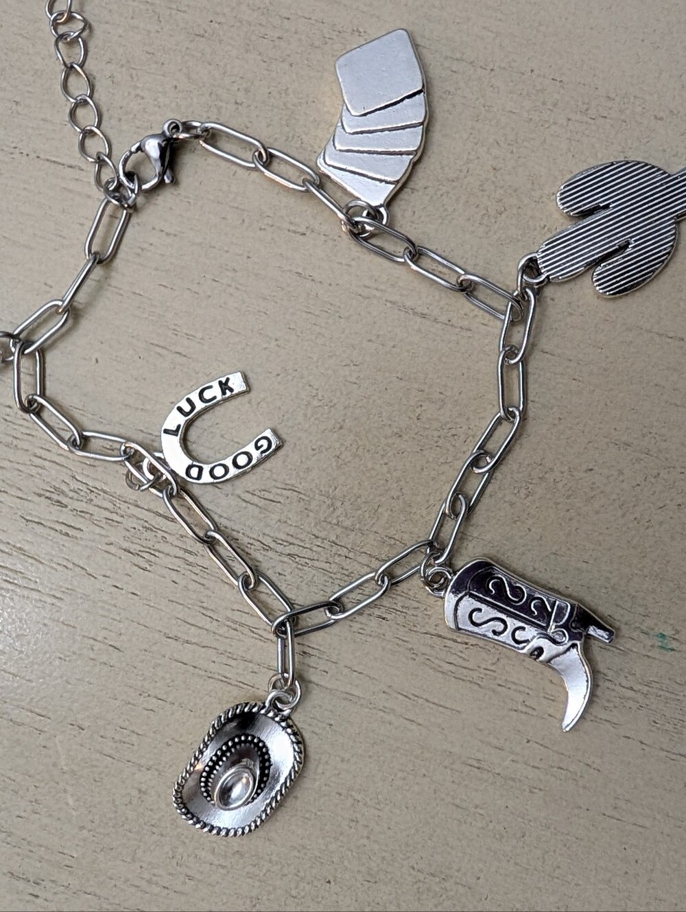 Western Charm Silver-Tone Horseshoe & Cowboy Boot Charm Bracelet